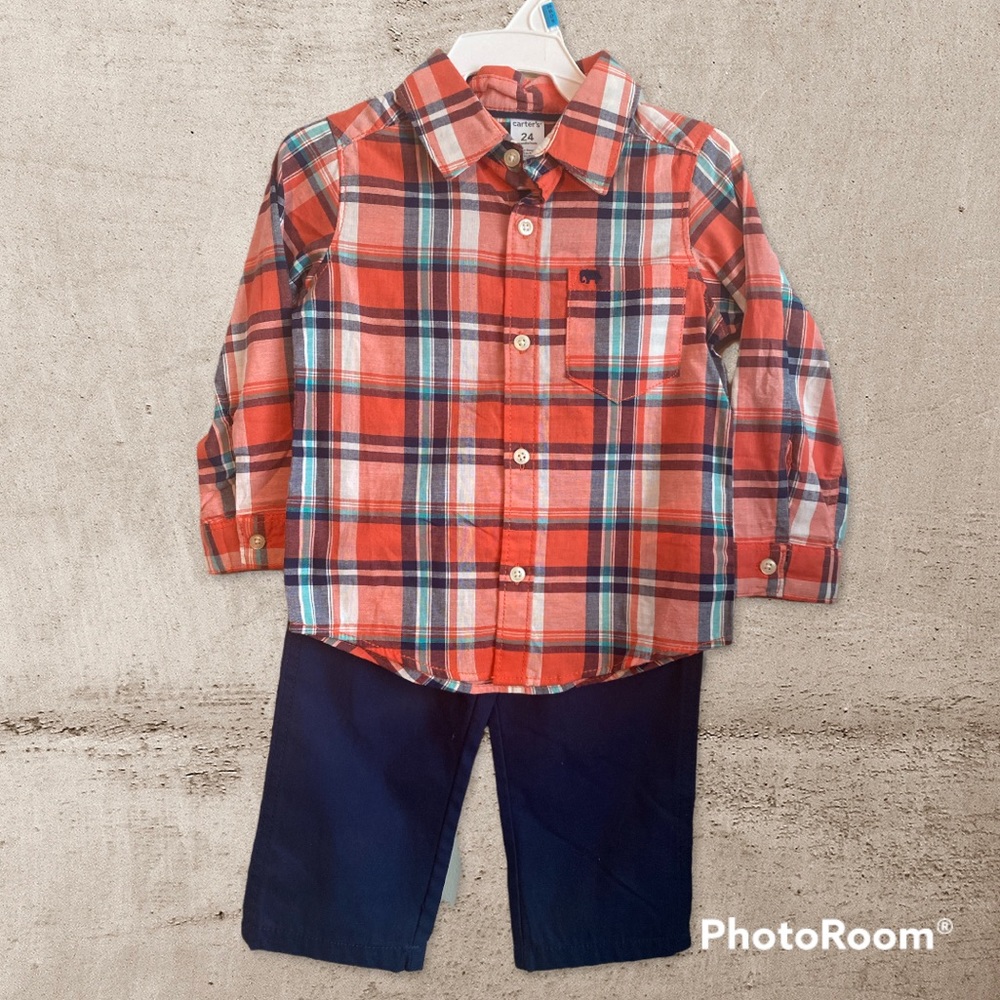 NWOT Carters Fall Plaid Button Down Shirt and Navy Pants Set Toddler Boys 24M